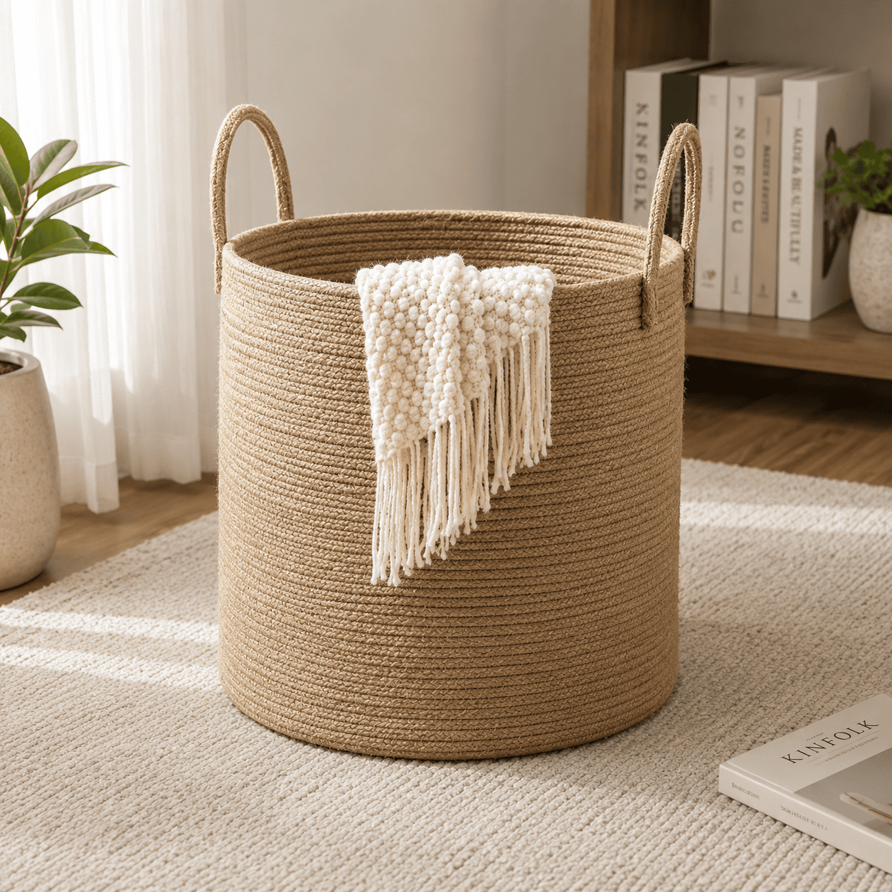 Large Woven Jute Rope Storage Basket with Handles