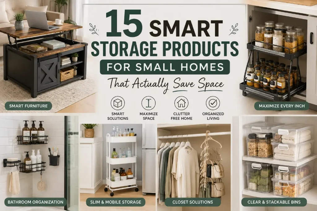 Discover 15 smart storage products for small homes that save space, reduce clutter, and make bedrooms, kitchens, bathrooms, and living rooms more organized.